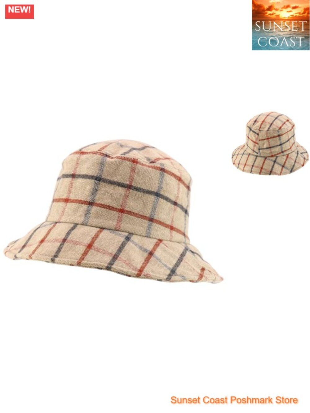 Wool Plaid Pattern Bucket Hat with Wire Brim and Fitted Inner Band One Size